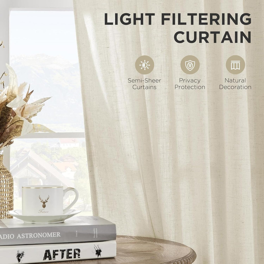 Linen Curtains 2 Panel Set,Light Filtering, Ivory on Linen Curtains 96 Inch Drapes for Living Room, Cream Drapes 96 Inches Long Rod Pocket Back Tab Drapes (96" L x 52" W) - Just Closeouts Canada Inc.X003QYTBET