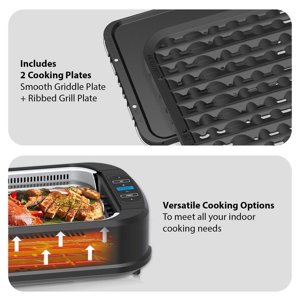 Litifo Smokeless Grill, Portable Electric Grill with Non - Stick Coating, Removable Dishwasher - Safe Plate, Tempered Glass Lid, 120V / 1500W, PG002 - BK - Just Closeouts Canada Inc.