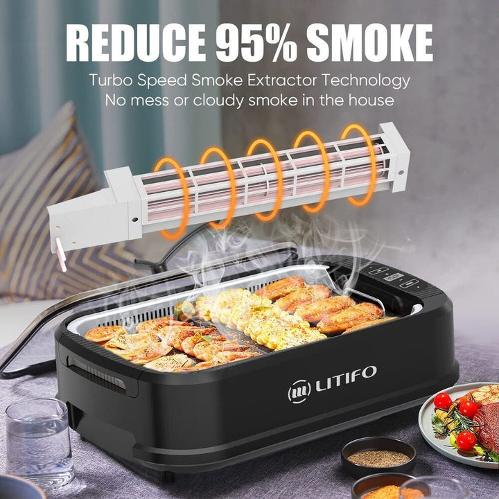 Litifo Smokeless Grill, Portable Electric Grill with Non - Stick Coating, Removable Dishwasher - Safe Plate, Tempered Glass Lid, 120V / 1500W, PG002 - BK - Just Closeouts Canada Inc.