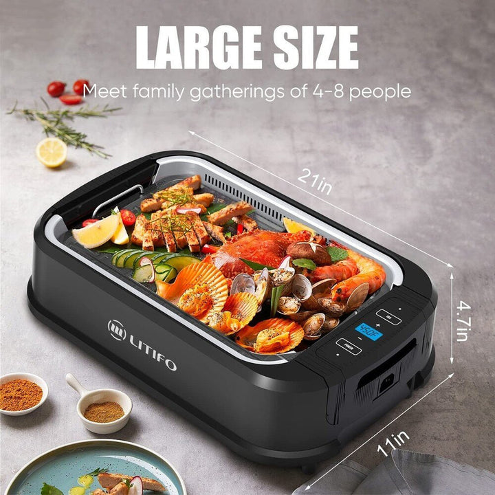 Litifo Smokeless Grill, Portable Electric Grill with Non - Stick Coating, Removable Dishwasher - Safe Plate, Tempered Glass Lid, 120V / 1500W, PG002 - BK - Just Closeouts Canada Inc.
