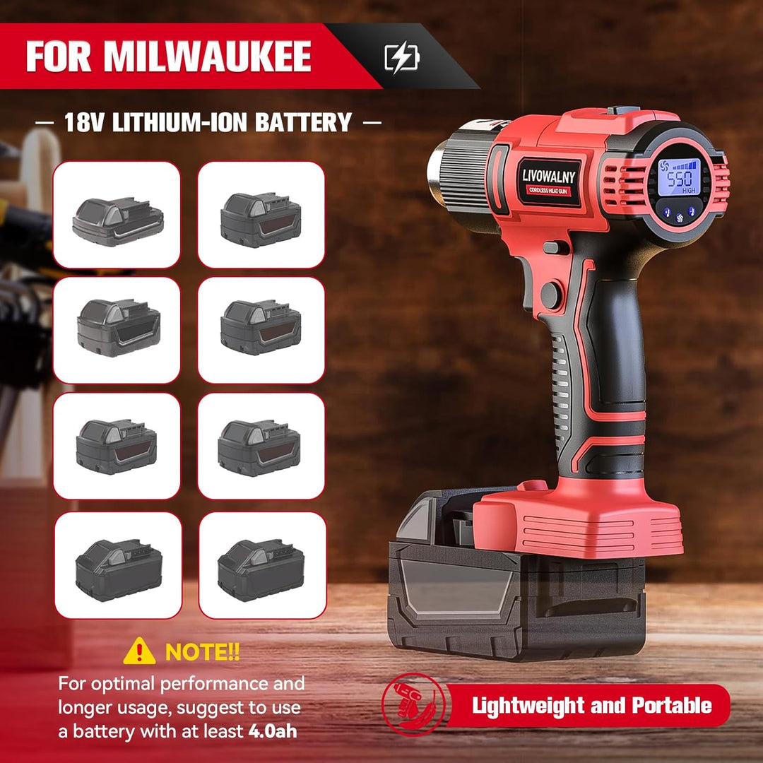 LIVOWALNY Cordless Heat Gun Compatible with Milwaukee 18V Battery, 350W 122?~1202? (50? - 550?) Variable Temperature Control Heat Gun Cordless with LCD Digital Display for Crafts(Battery Not Included) - Just Closeouts Canada Inc.