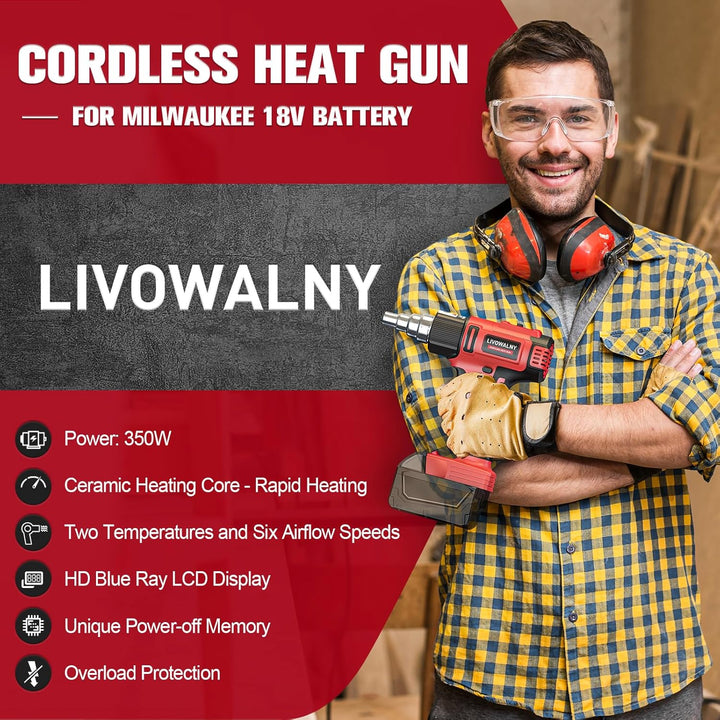 LIVOWALNY Cordless Heat Gun Compatible with Milwaukee 18V Battery, 350W 122?~1202? (50? - 550?) Variable Temperature Control Heat Gun Cordless with LCD Digital Display for Crafts(Battery Not Included) - Just Closeouts Canada Inc.