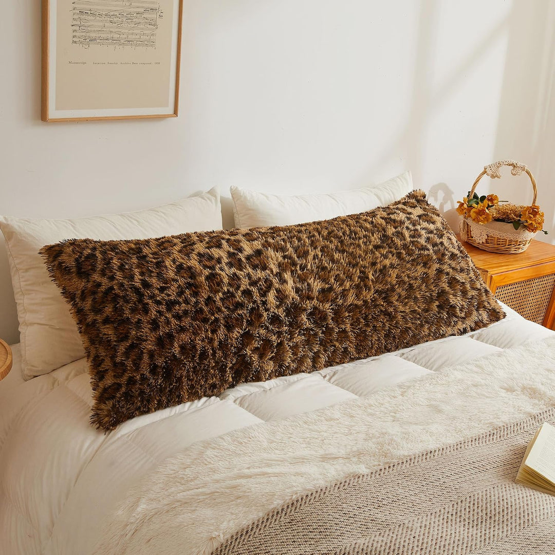 Brown leopard-print faux fur body pillow cover, 20 × 54 inches
