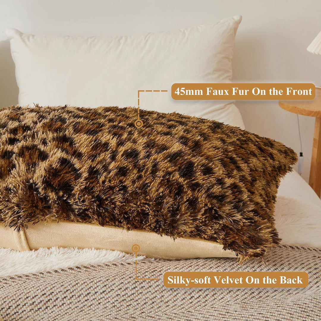 Brown leopard-print faux fur body pillow cover, 20 × 54 inches