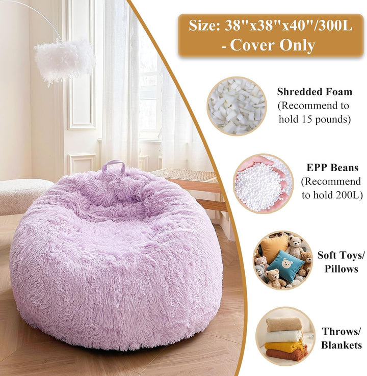 Lavender 300L plush faux fur bean bag cover, no filler