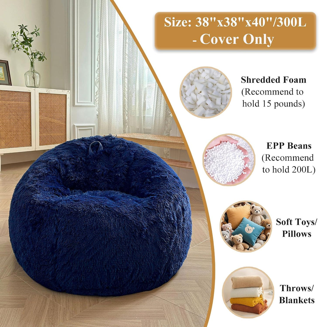 Navy blue 300L plush faux fur bean bag cover, no filler