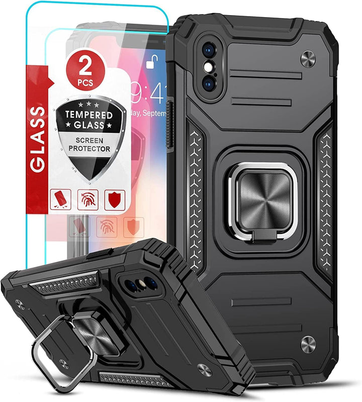 Black iPhone X/XS Case with Magnetic Ring Stand and 2 Screen Protectors