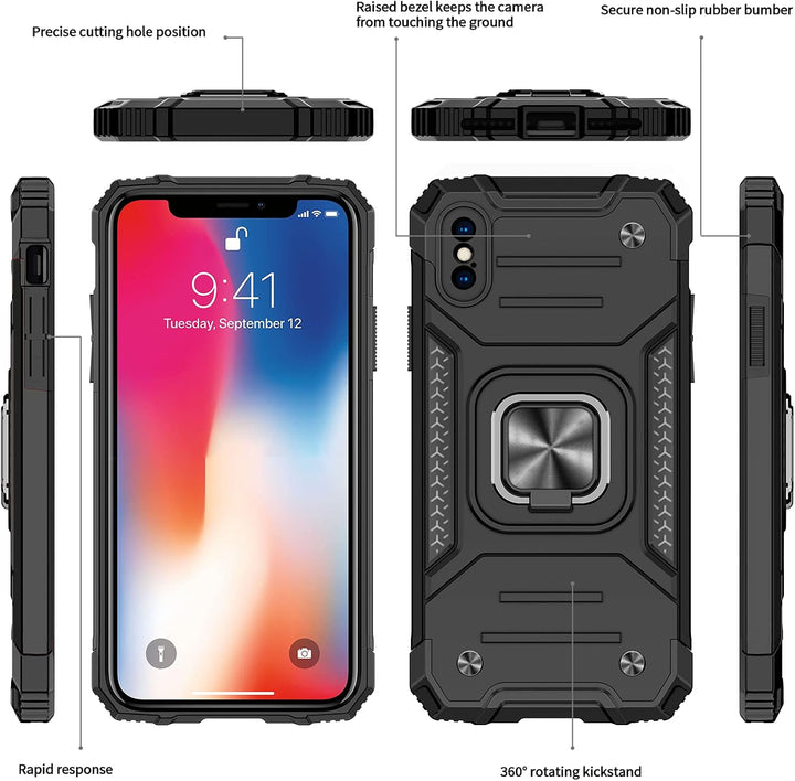 Black iPhone X/XS Case with Magnetic Ring Stand and 2 Screen Protectors
