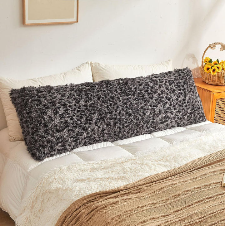 Light Grey Leopard-Print Faux Fur Body Pillow Cover, 20 × 54 in