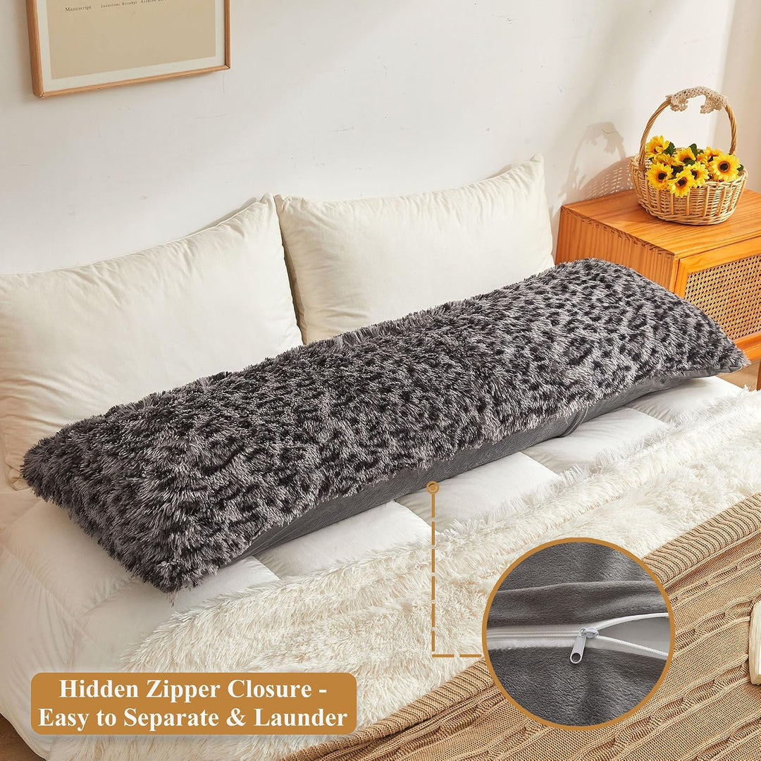 Light Grey Leopard-Print Faux Fur Body Pillow Cover, 20 × 54 in