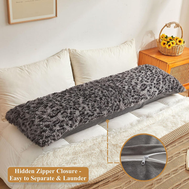 Light Grey Leopard-Print Faux Fur Body Pillow Cover, 20 × 54 in