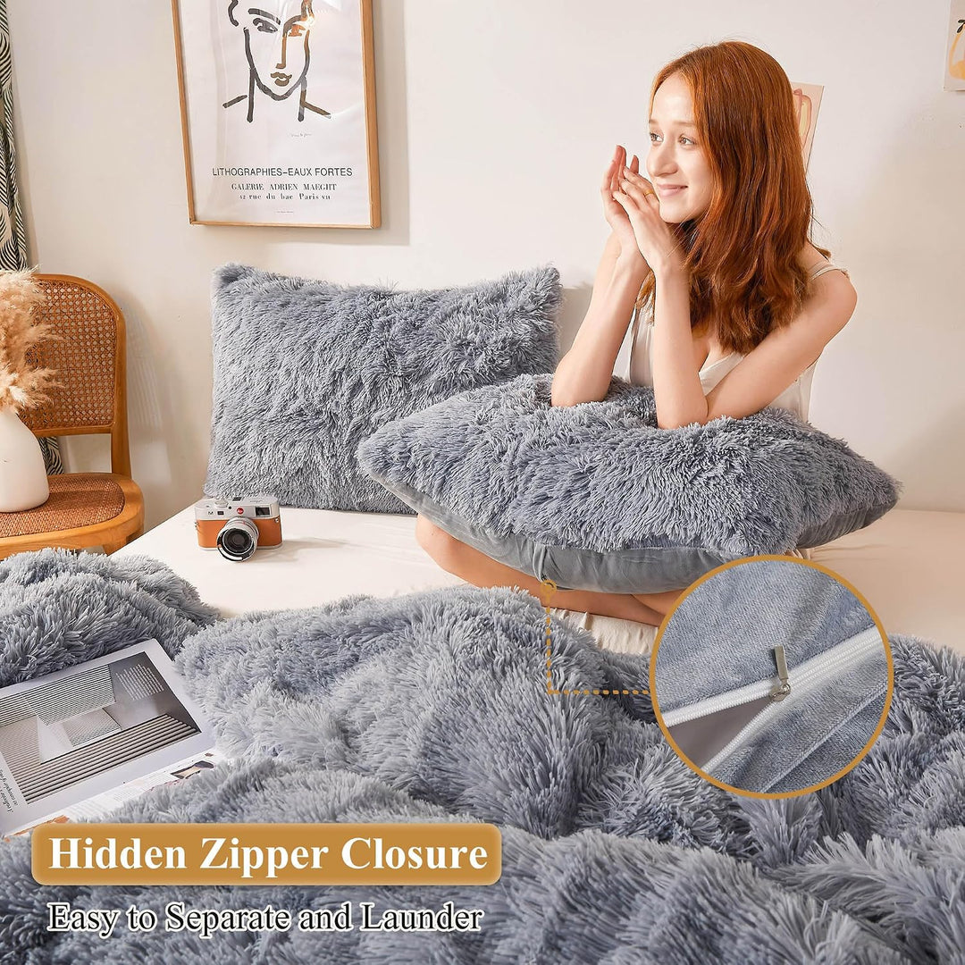 2 Light Gray Faux Fur Standard Pillowcases, 20 × 26 in