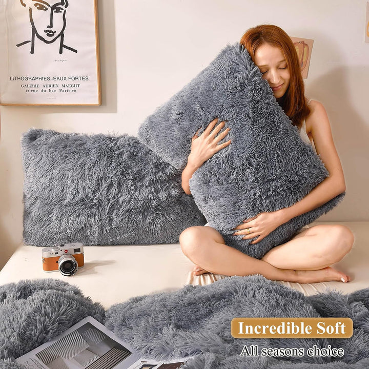 2 Light Gray Faux Fur Standard Pillowcases, 20 × 26 in
