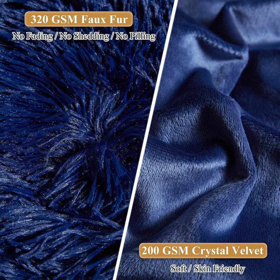 2 Navy Blue Faux Fur Standard Pillowcases, 20 × 26 in