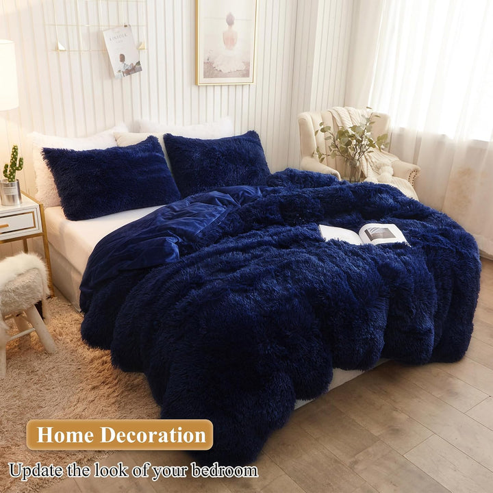 2 Navy Blue Faux Fur Standard Pillowcases, 20 × 26 in