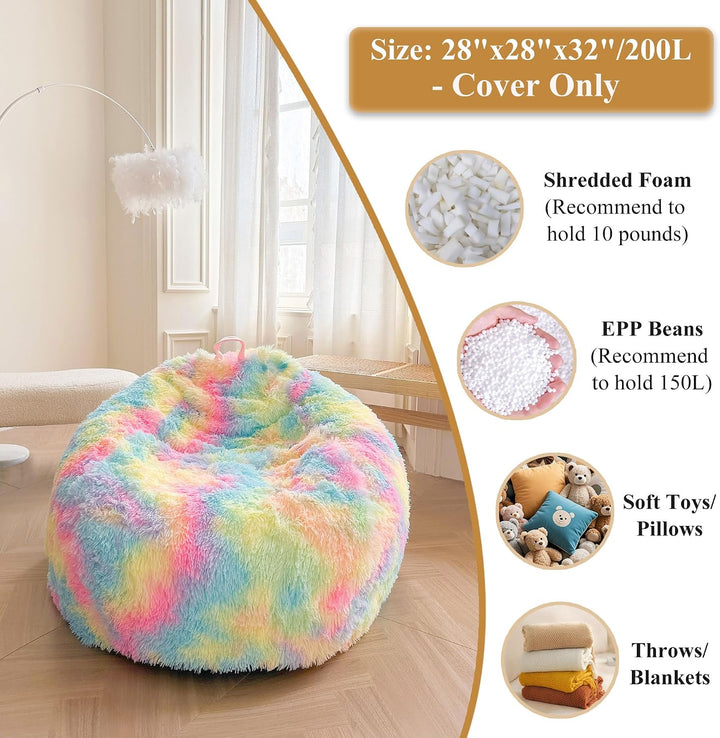 Rainbow small faux fur bean bag cover, no filler