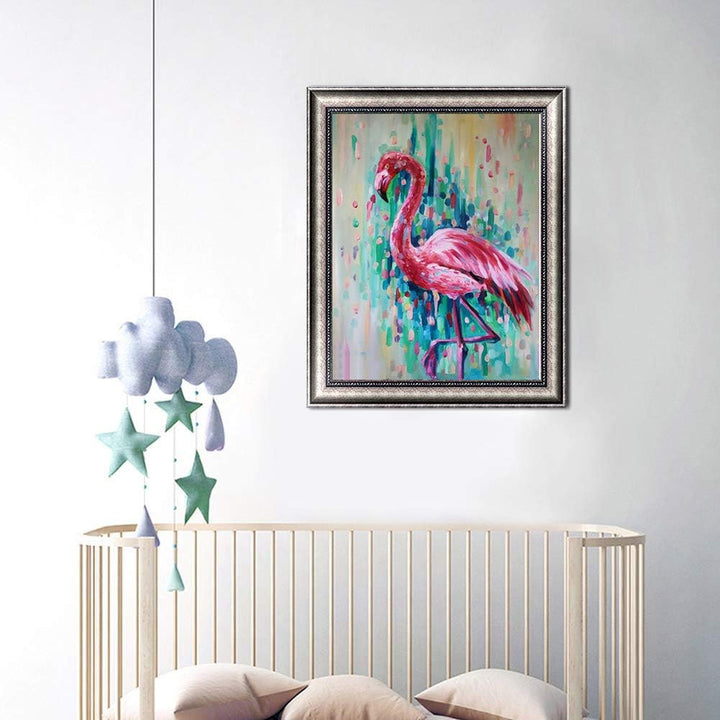 Colourful flamingo diamond painting in room setting