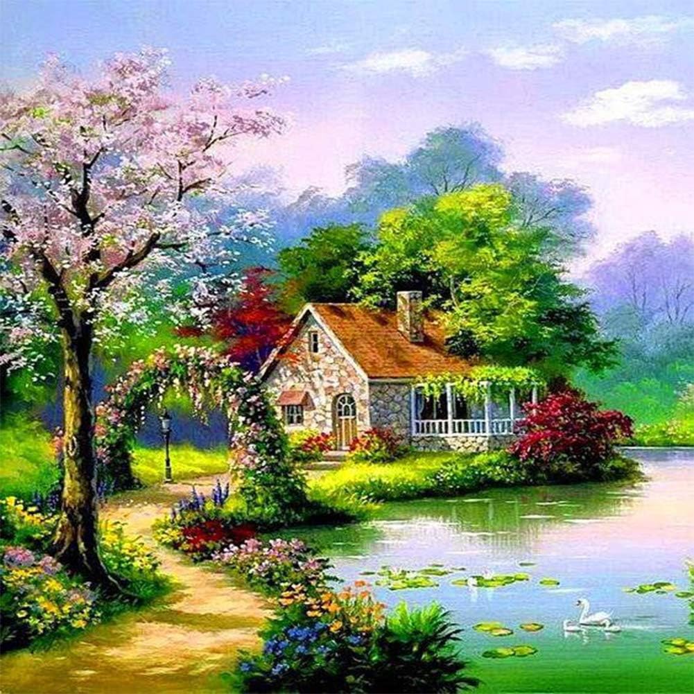 Lakeside cabin and flowering tree diamond painting artwork