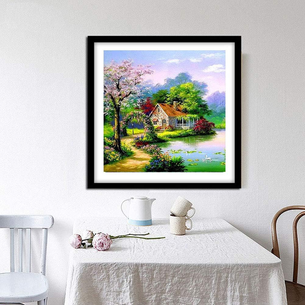 Lakeside cabin diamond painting displayed