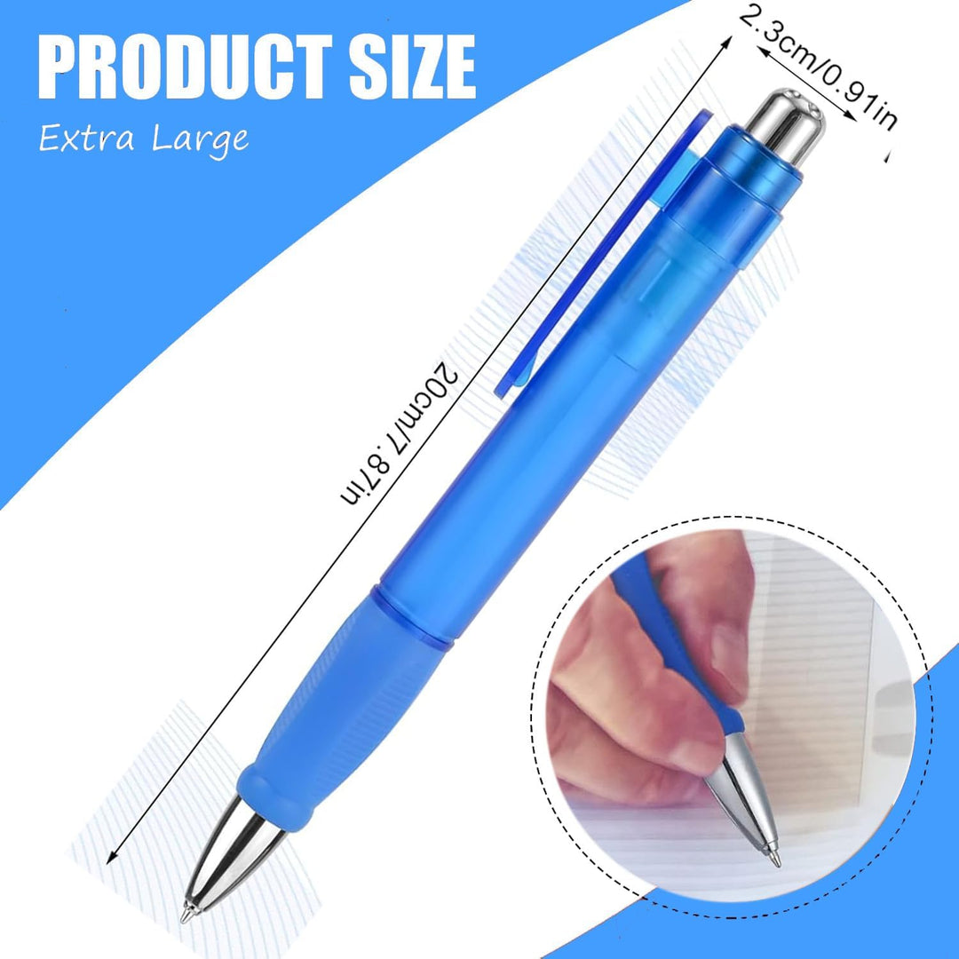 three blue jumbo grip ballpoint pens, view 1