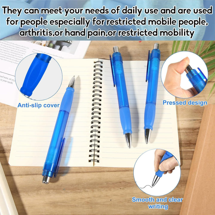 three blue jumbo grip ballpoint pens, view 4