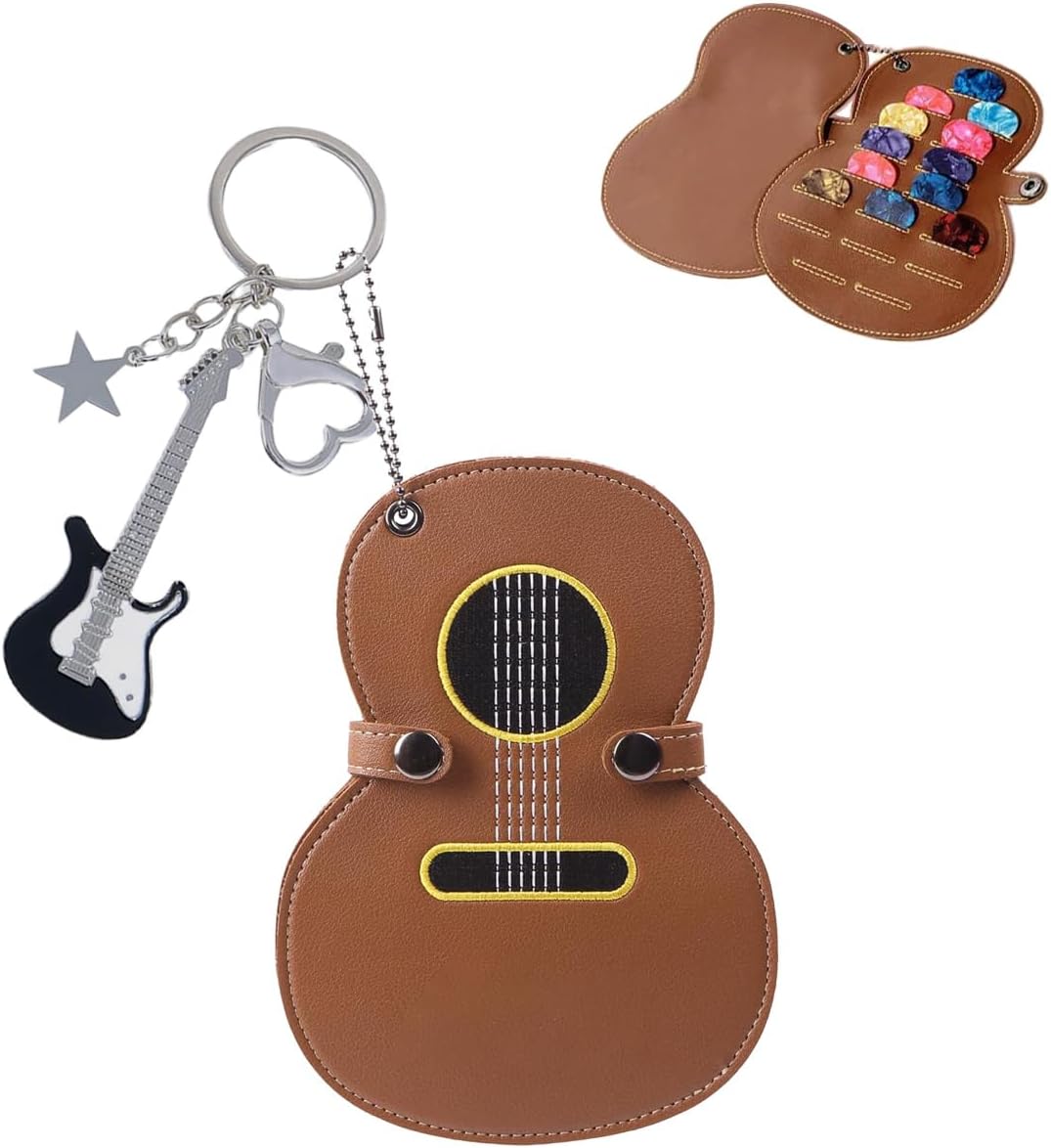 brown guitar shaped PU leather pick holder keychain, view 1