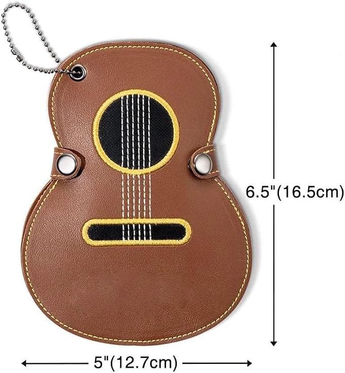 brown guitar shaped PU leather pick holder keychain, view 2