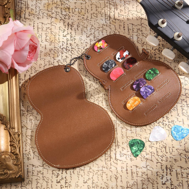 brown guitar shaped PU leather pick holder keychain, view 3