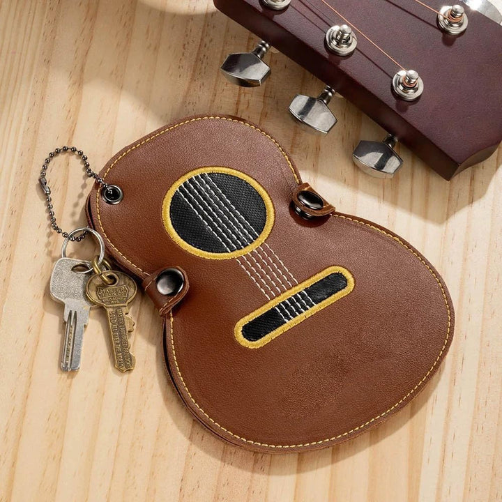 brown guitar shaped PU leather pick holder keychain, view 4