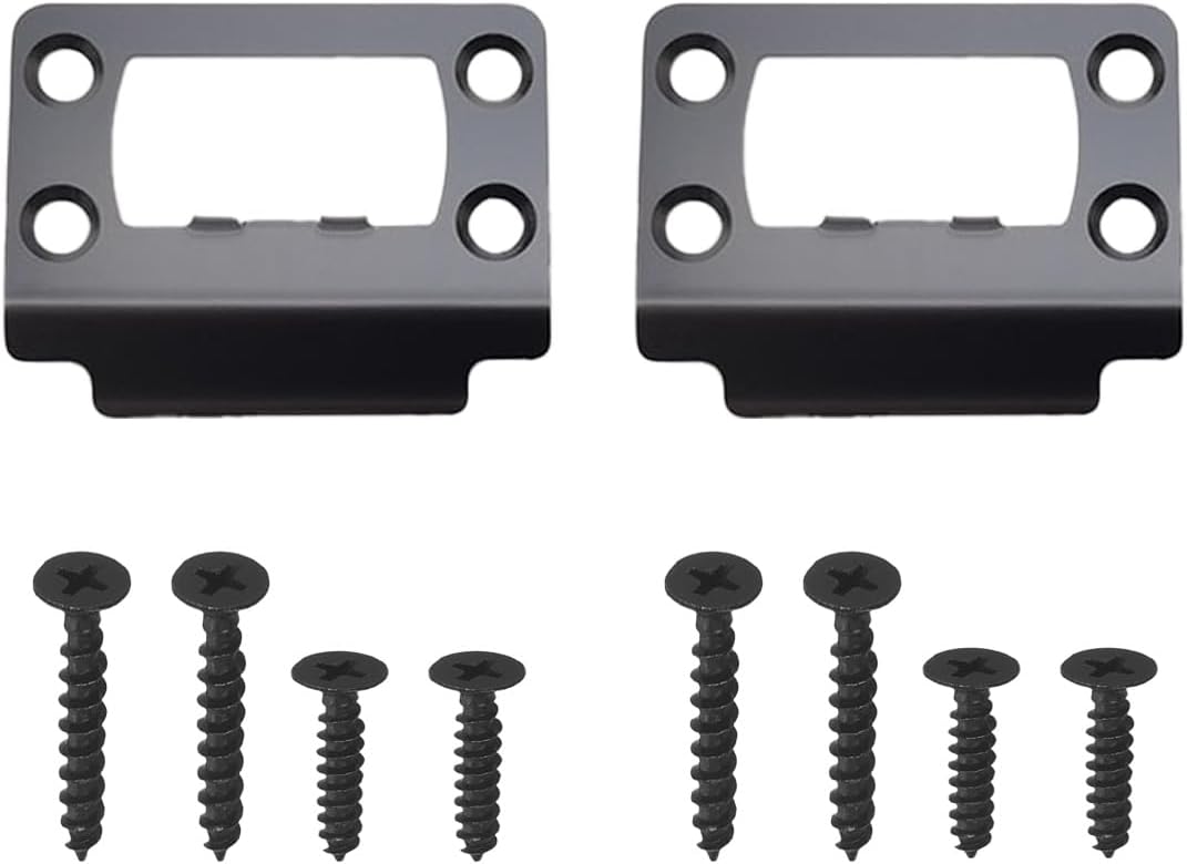 two black door strike plates with screws, view 1