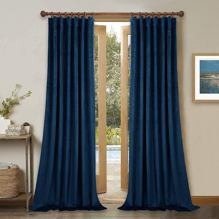 Navy Blue Velvet Back Tab Curtains, 2 Panels, 52 x 120 in, view 1
