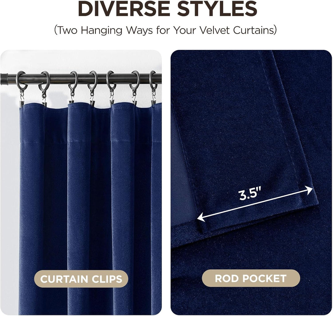 Royal Blue Velvet Rod Pocket Curtains, 2 Panels, 52 x 96 in, view 4