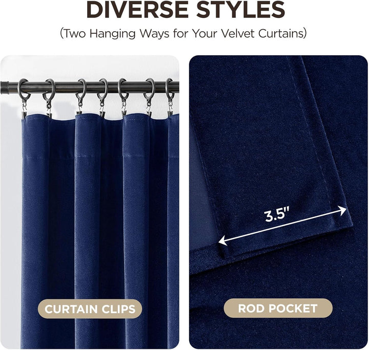 Royal Blue Velvet Rod Pocket Curtains, 2 Panels, 52 x 96 in, view 4
