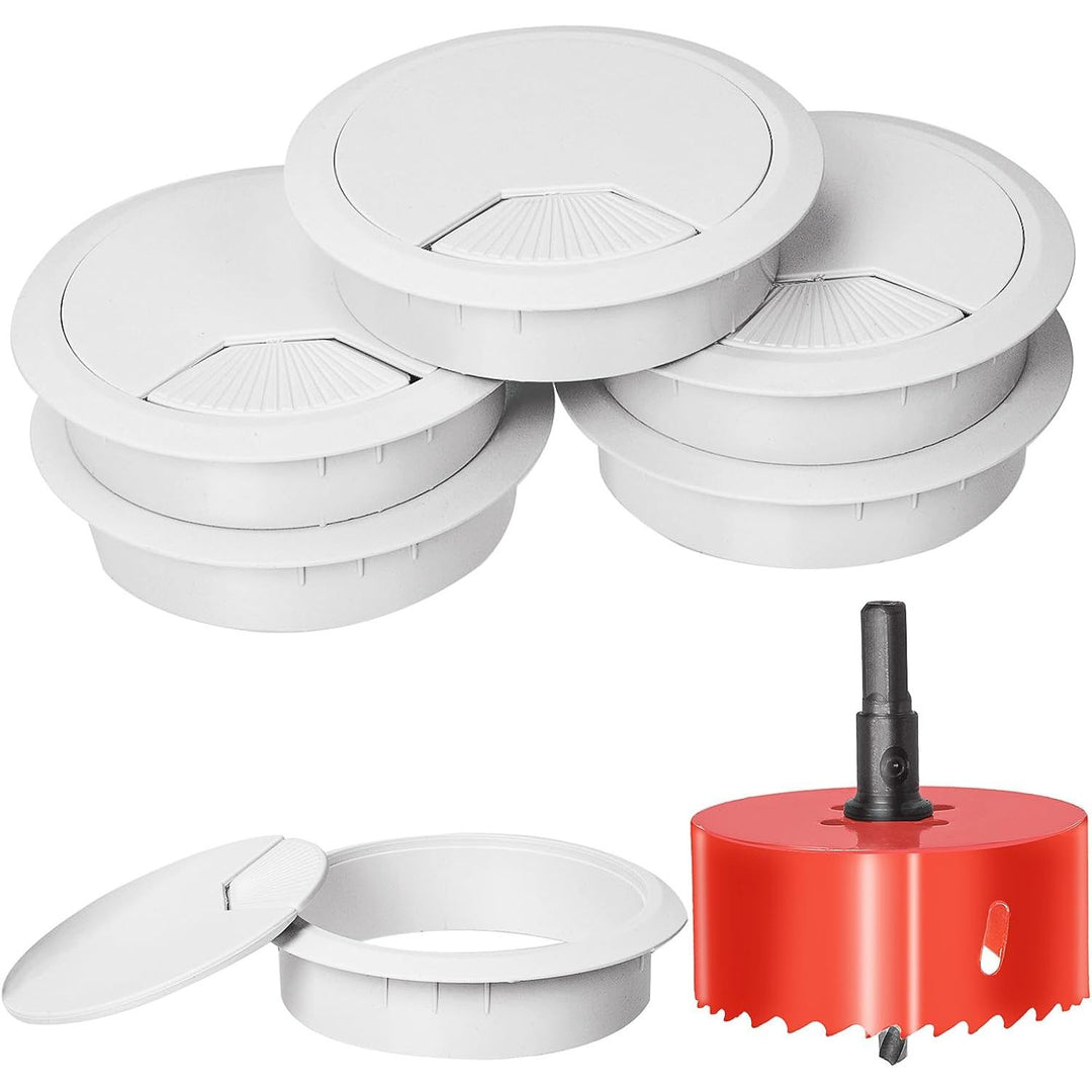 White 80mm desk cable grommet kit with hole saw