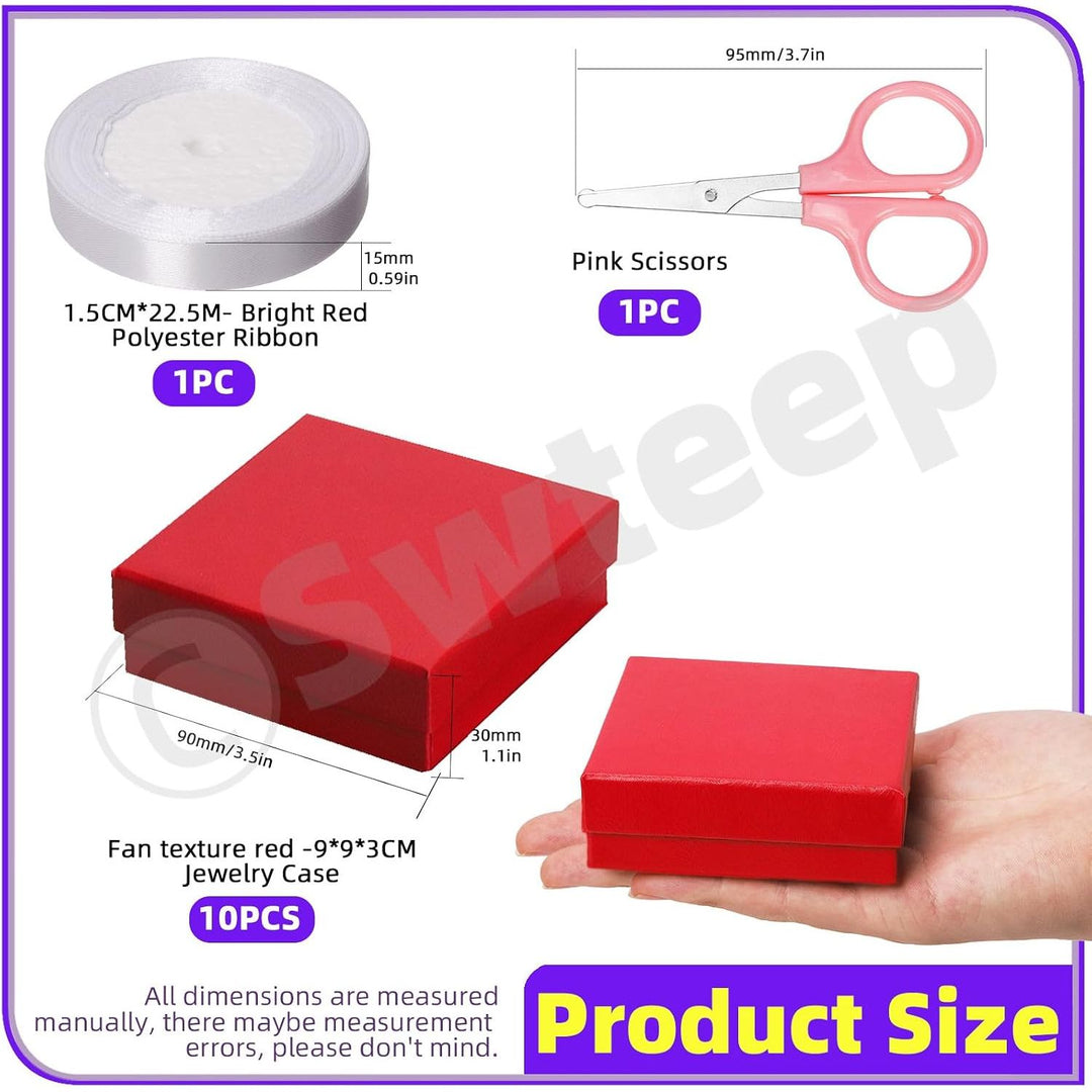 10 Red Jewelry Gift Boxes with Ribbon and Scissors