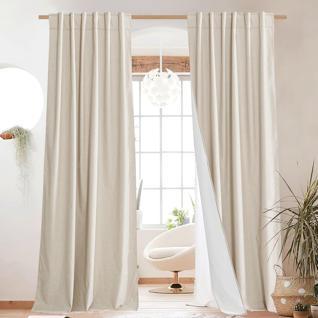 Beige two-panel blackout curtains with back-tab hanging, 52 x 84 inches