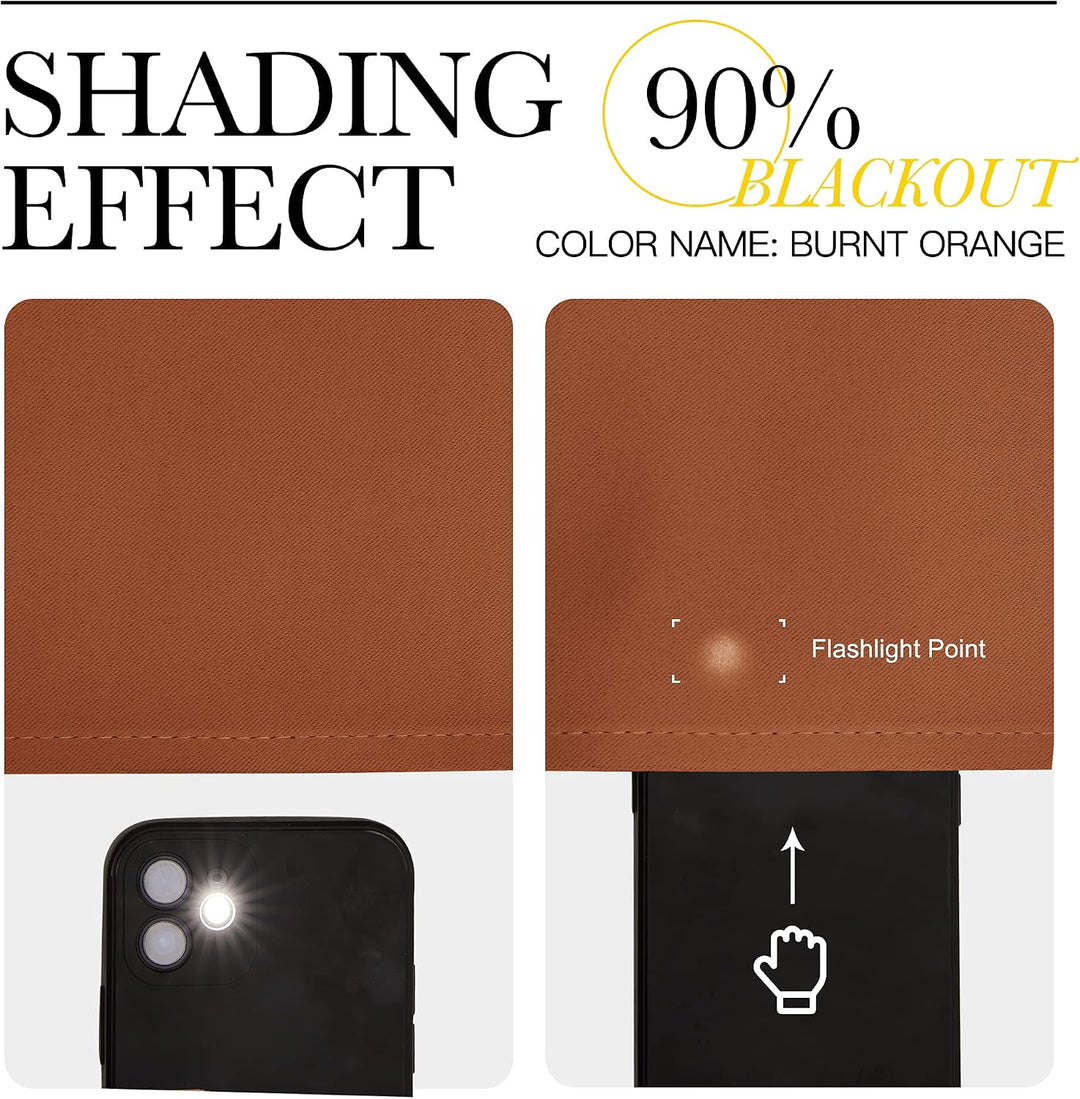 Burnt-orange blackout fabric light-blocking demonstration