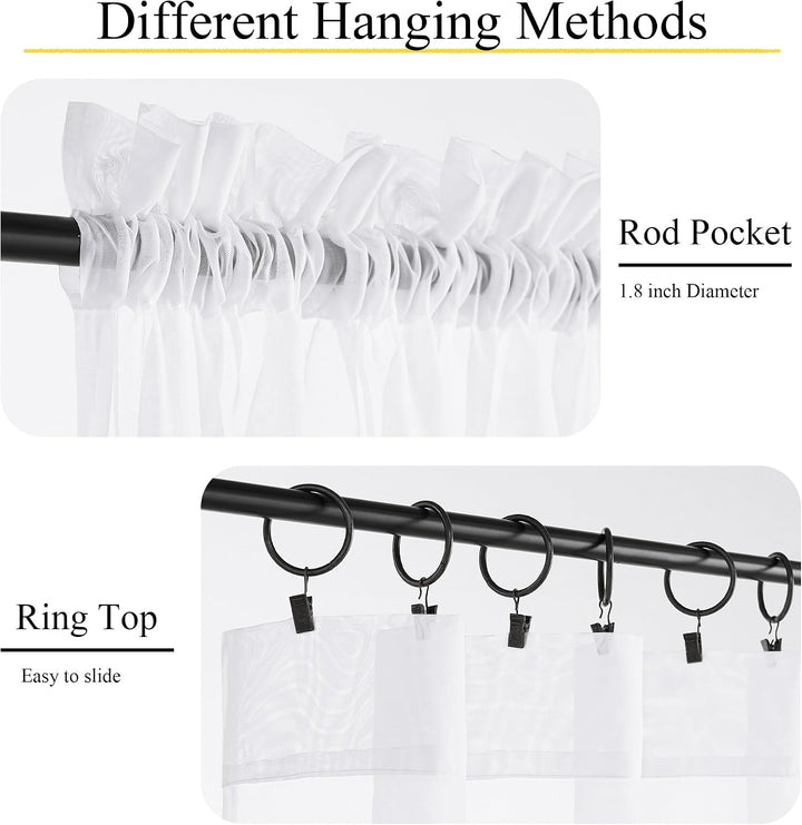 White sheer curtain rod-pocket and optional clip-ring hanging methods
