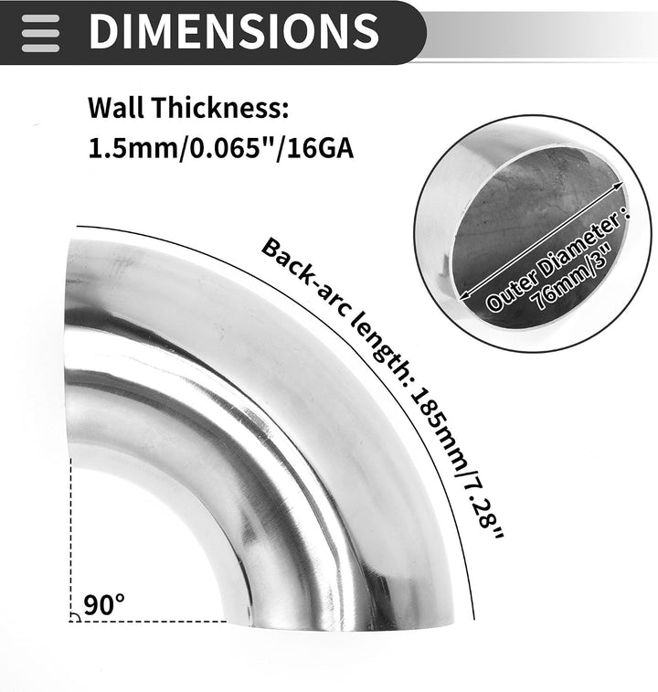 90° Stainless Steel Mandrel-Bend Exhaust Elbow, 3-Inch OD — view 3