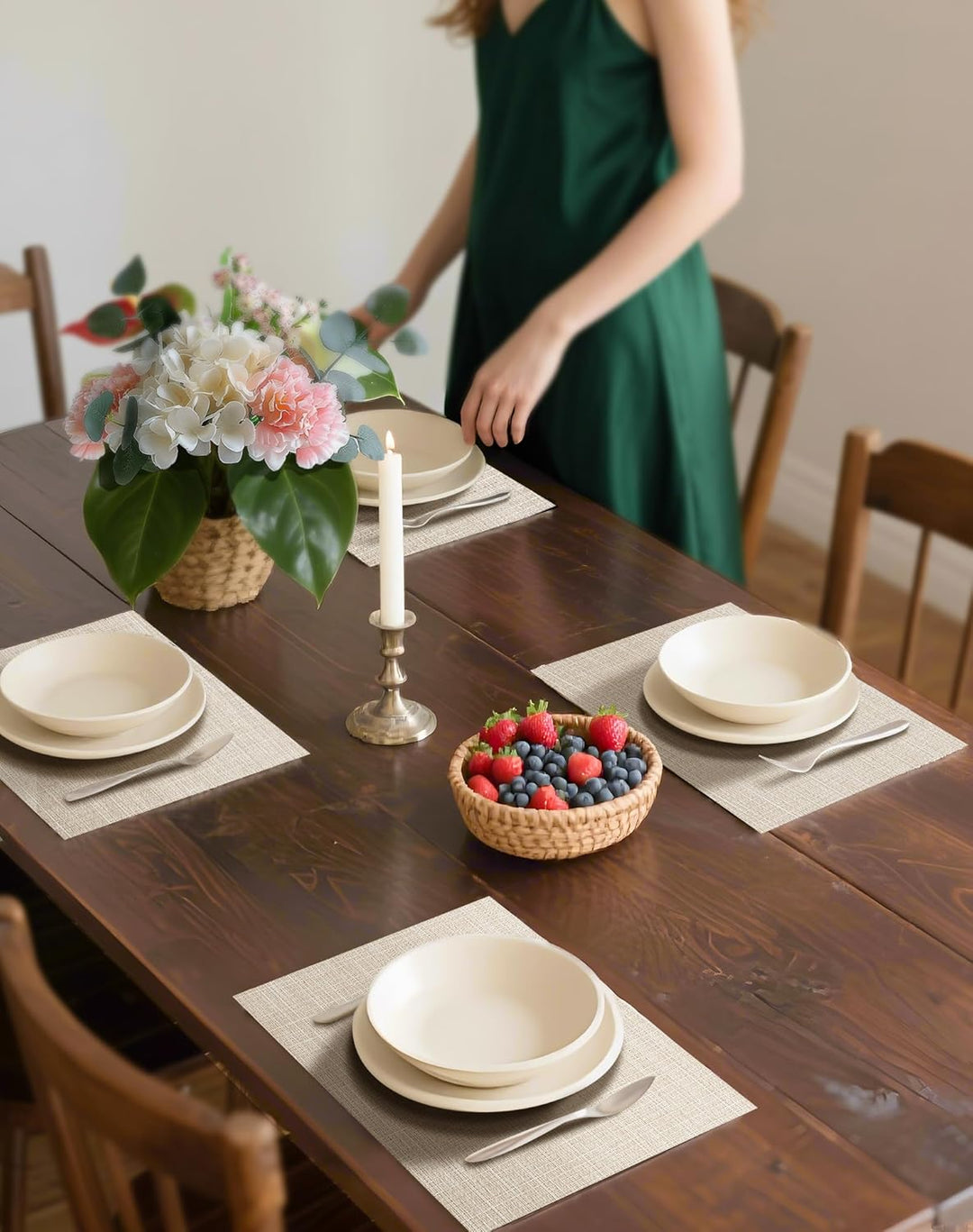 Beige woven placemats, set of eight, view 3