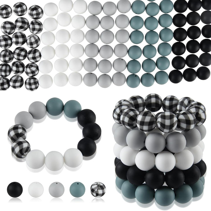 100-piece grey, black and white 15 mm silicone bead set, view 1