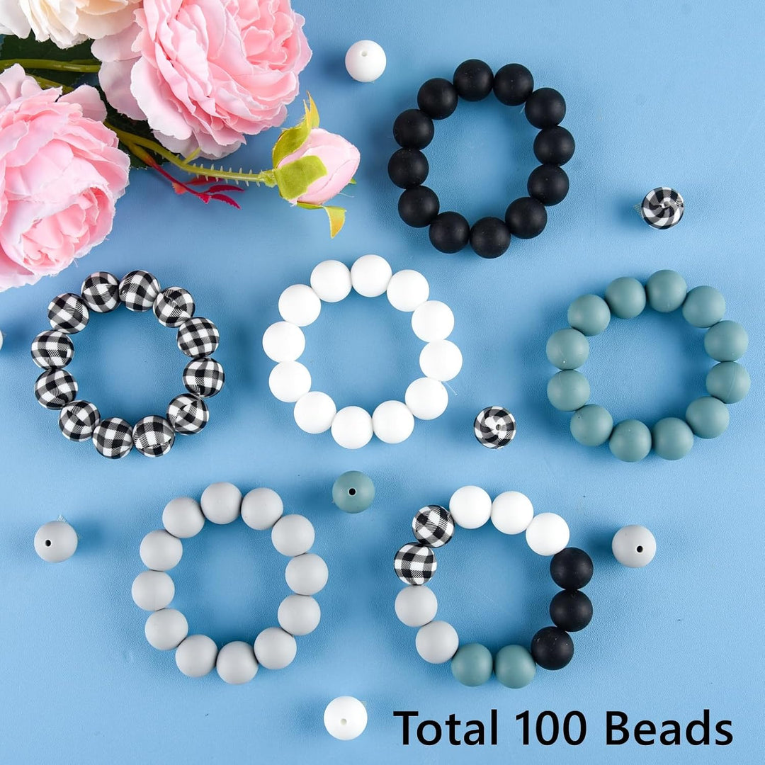 100-piece grey, black and white 15 mm silicone bead set, view 5