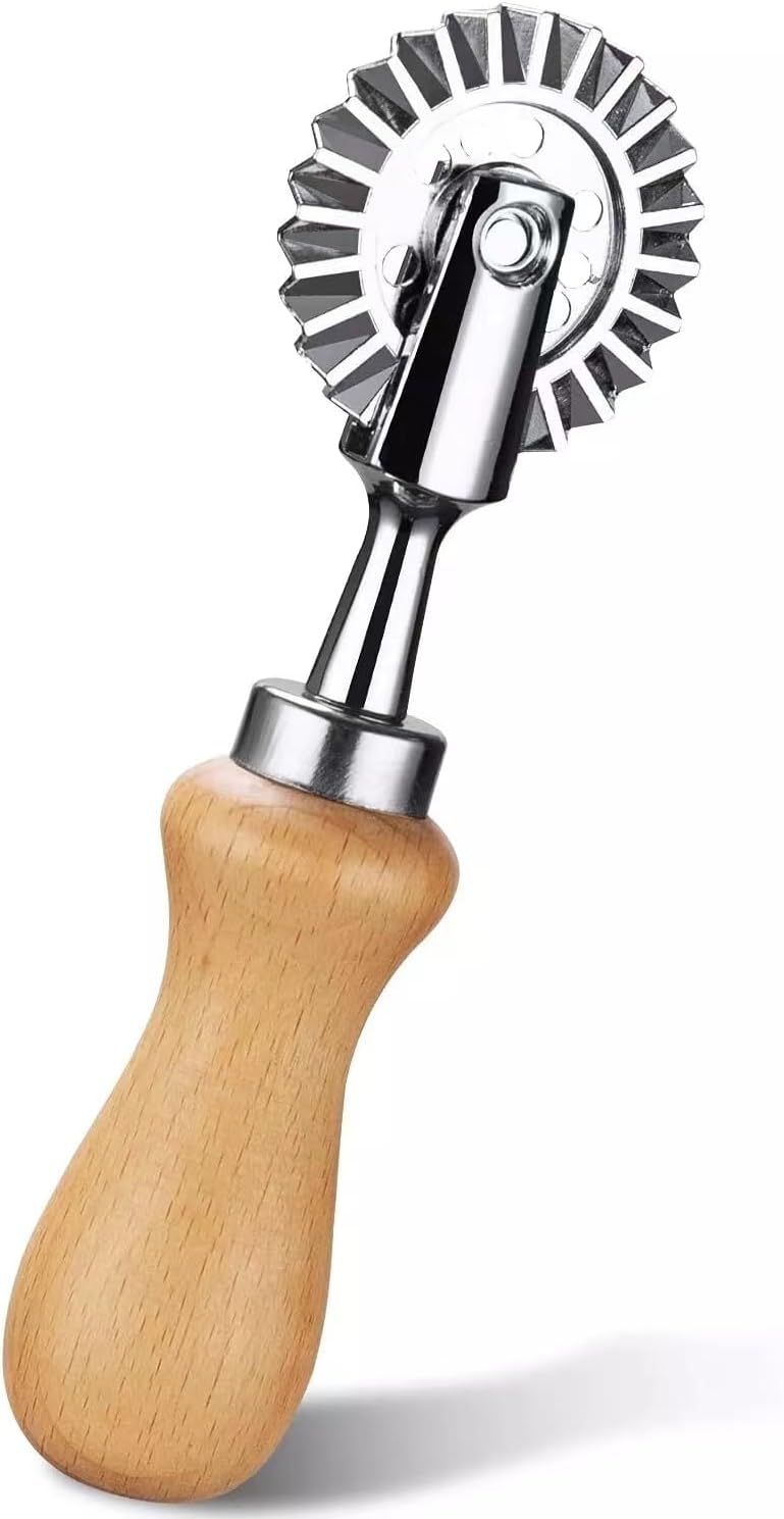 Oak-handled pastry wheel cutter on white background