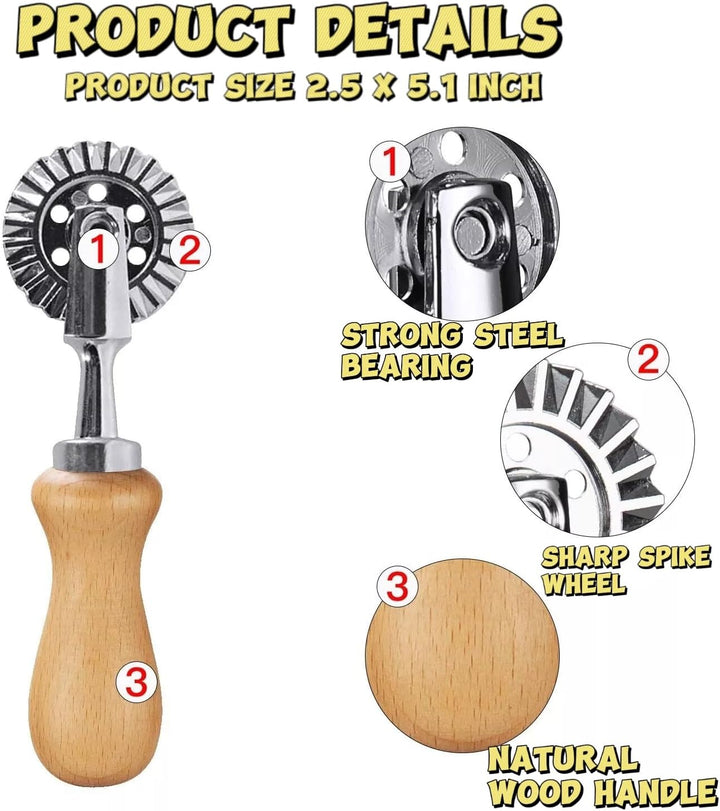 Close-up of pastry cutter wheel and wooden handle