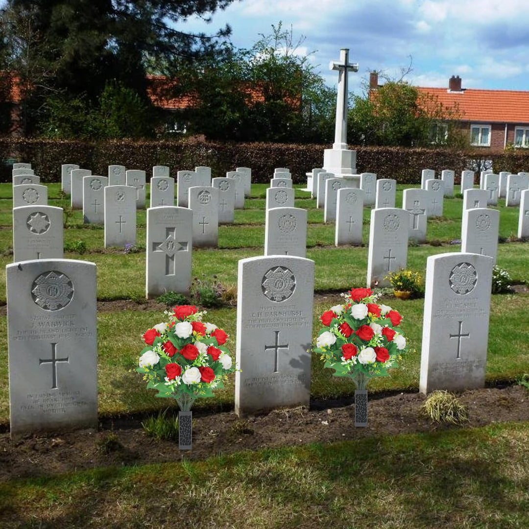 Lodou 2 Sets Artificial Cemetery Flowers,Artificial Cemetery Flowers with Vase,Memorial Flowers,Artificial Rose Bouquet Graveyard Memorial Flowers for Graveyard Headstones Decoration(Red and White - Just Closeouts Canada Inc.