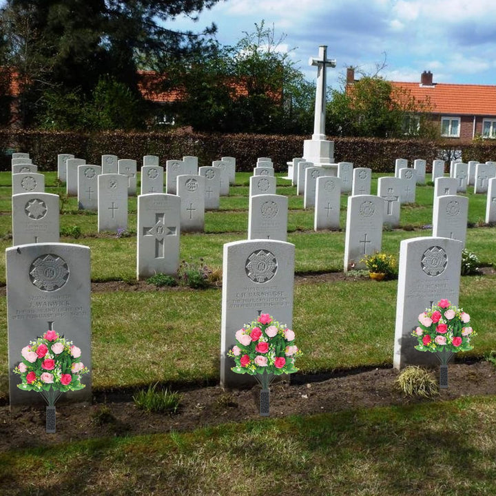 Lodou 2 Sets Artificial Cemetery Flowers,Artificial Cemetery Flowers with Vase,Memorial Flowers,Artificial Rose Bouquet Graveyard Memorial Flowers for Graveyard Headstones Decoration (Pink and red) - Just Closeouts Canada Inc.