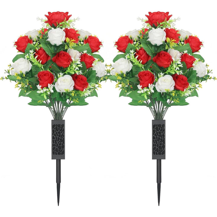 Lodou 2 Sets Artificial Cemetery Flowers,Artificial Cemetery Flowers with Vase,Memorial Flowers,Artificial Rose Bouquet Graveyard Memorial Flowers for Graveyard Headstones Decoration(Red and White - Just Closeouts Canada Inc.