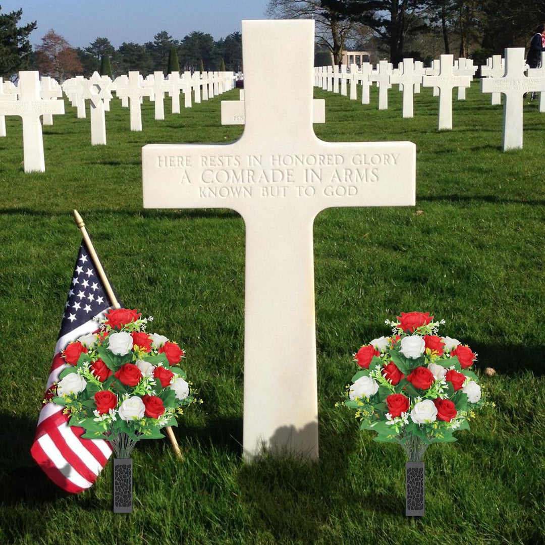 Lodou 2 Sets Artificial Cemetery Flowers,Artificial Cemetery Flowers with Vase,Memorial Flowers,Artificial Rose Bouquet Graveyard Memorial Flowers for Graveyard Headstones Decoration(Red and White - Just Closeouts Canada Inc.