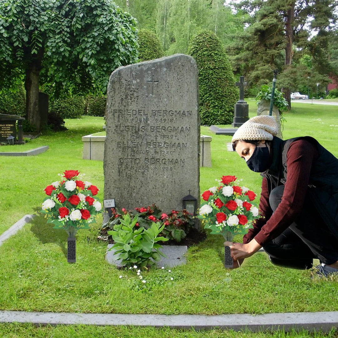 Lodou 2 Sets Artificial Cemetery Flowers,Artificial Cemetery Flowers with Vase,Memorial Flowers,Artificial Rose Bouquet Graveyard Memorial Flowers for Graveyard Headstones Decoration(Red and White - Just Closeouts Canada Inc.