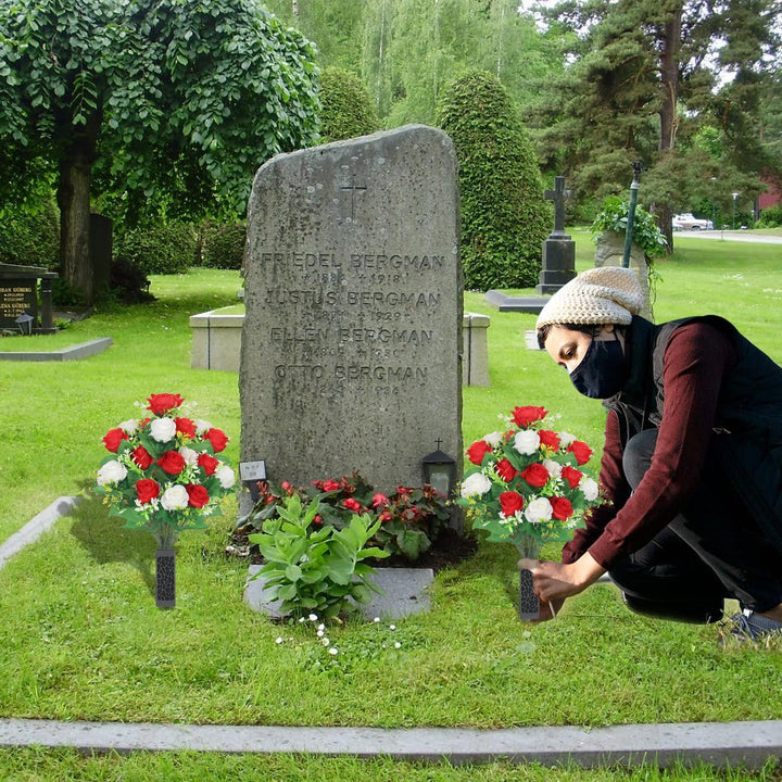 Lodou 2 Sets Artificial Cemetery Flowers,Artificial Cemetery Flowers with Vase,Memorial Flowers,Artificial Rose Bouquet Graveyard Memorial Flowers for Graveyard Headstones Decoration(Red and White - Just Closeouts Canada Inc.